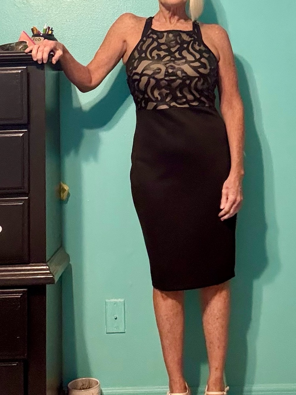 VENUS Black Lace-Overlay Halter Midi Dress